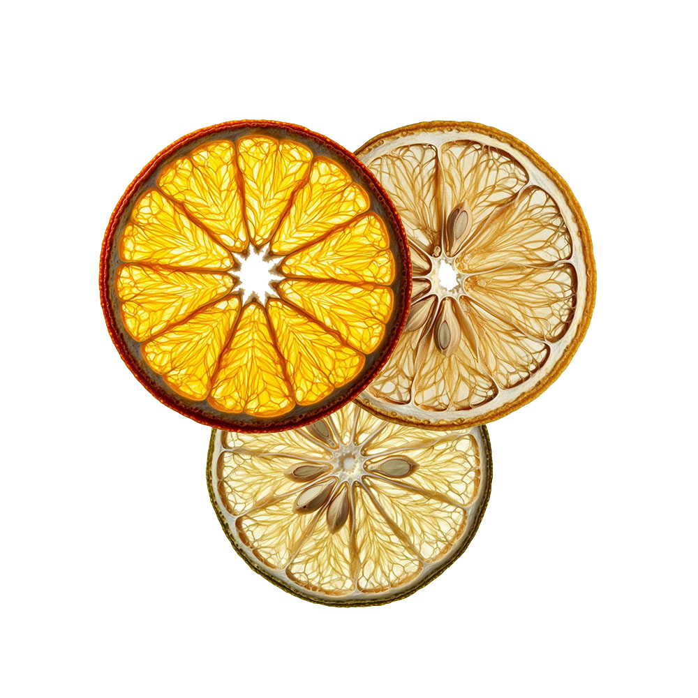 dried-citrus-fruit-slices-mix-crispy.webp Three translucent, backlit dried citrus fruit slices (orange, lemon, and lime) arranged in a triangle on a light grey background, highlighting the crispy texture.